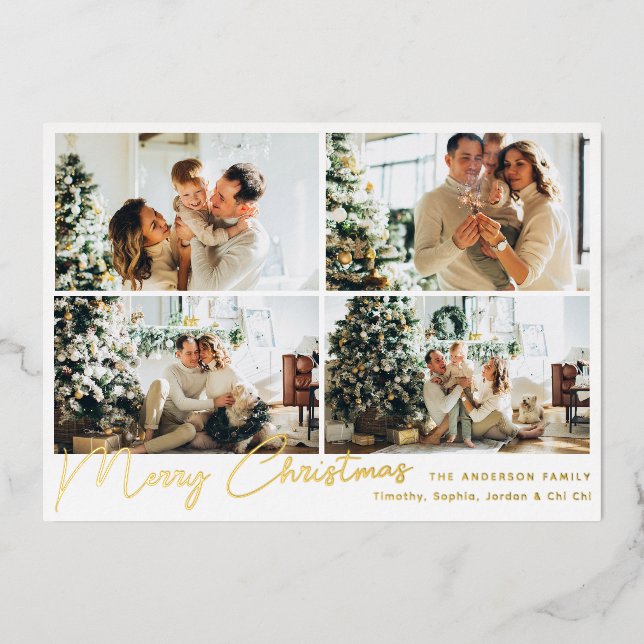 Modern Gold Merry Christmas Four Photo Collage Foil Holiday Card (Front)