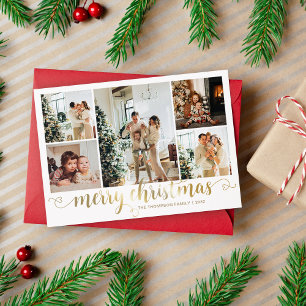 Modern Gold Merry Christmas Heart Script 5 Photo Holiday Card