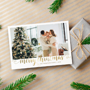 Modern Gold Merry Christmas Heart Script Photo Holiday Card