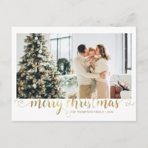 Modern Gold Merry Christmas Heart Script Photo Holiday Postcard