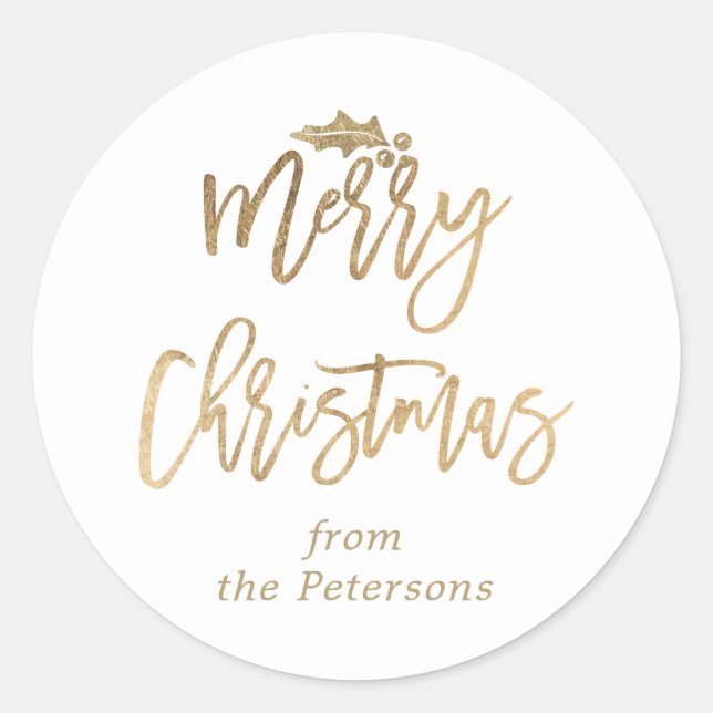 Modern gold merry christmas script mistletoe white classic round sticker (Front)