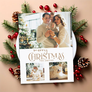 Modern Gold Merry Christmas Typography 3-Photo Holiday Card