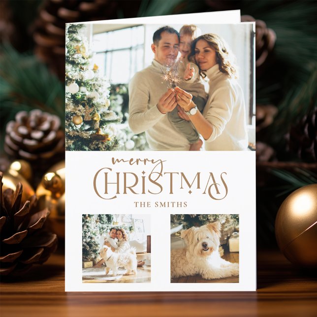 Modern Gold Merry Christmas Typography 3-Photo Holiday Card (Creator Uploaded)