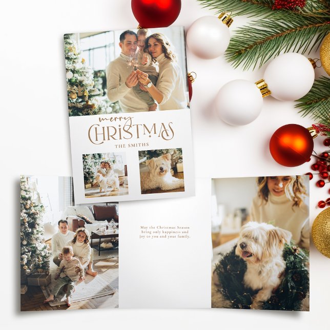 Modern Gold Merry Christmas Typography Multiphoto Tri-Fold Card (Creator Uploaded)