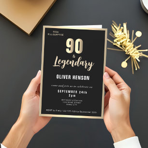 Modern Gold Metallic Surprise 90th Birthday Invitation