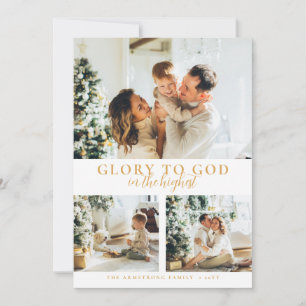 Modern Gold Minimalist 3 photo Religious Christmas Holiday Card