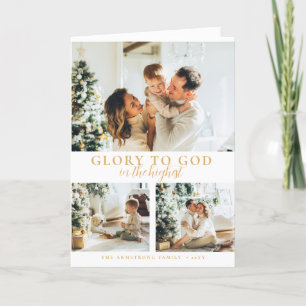 Modern Gold Minimalist Religious Christmas 3 Photo Holiday Card