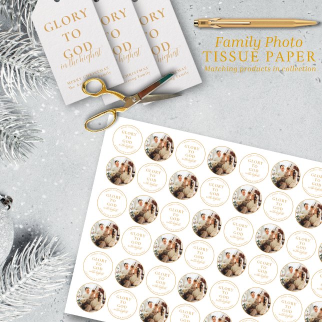 Modern Gold Minimalist Religious Christmas Photo Tissue Paper (Religious Christmas gift wrap tissue paper with customizable photo)