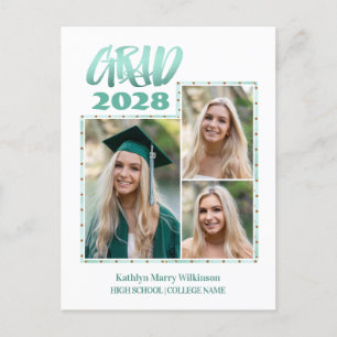 Modern Gold Mint Script 3 Photo Graduation Announcement Postcard