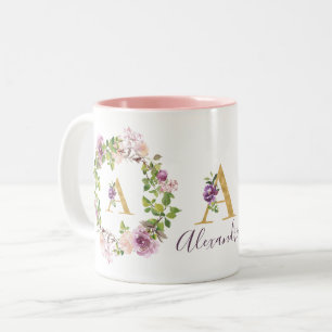 Modern Gold Monogram A Watercolor Floral Wreath Two-Tone Coffee Mug