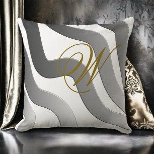 Modern gold monogram abstract black white line cushion