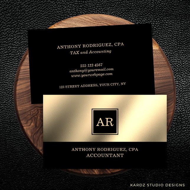 Modern Gold Monogram Accountant Business Card (This accountant business card is shown in a 3.5 x 2.0 inch. Choose desired size before checkout.)