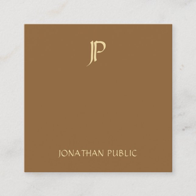 Modern Gold Monogram Coffee Brown Chic Plain Square Business Card (Front)
