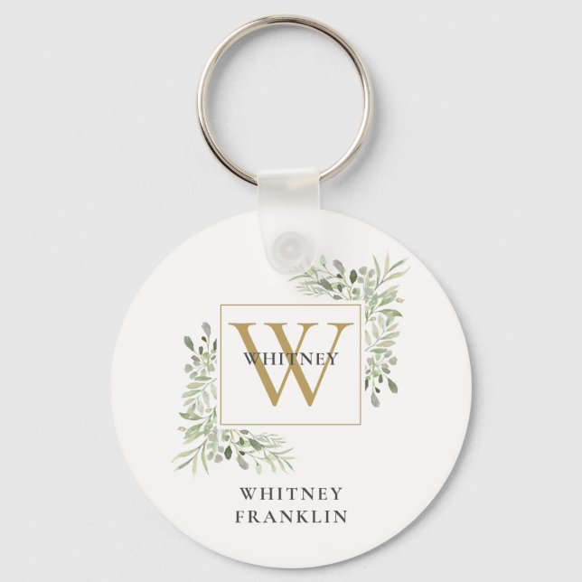Modern Gold Monogram Elegant Greenery Key Ring (Front)