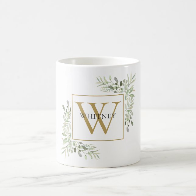 Modern Gold Monogram Greenery Floral Coffee Mug (Center)