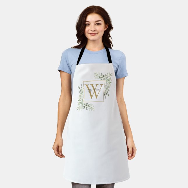 Modern Gold Monogram Greenery Floral Elegant Apron (Worn)