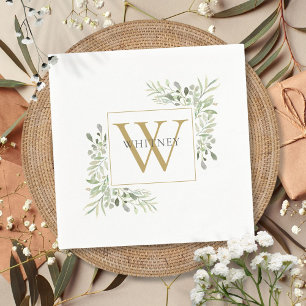 Modern Gold Monogram Greenery Floral Napkins