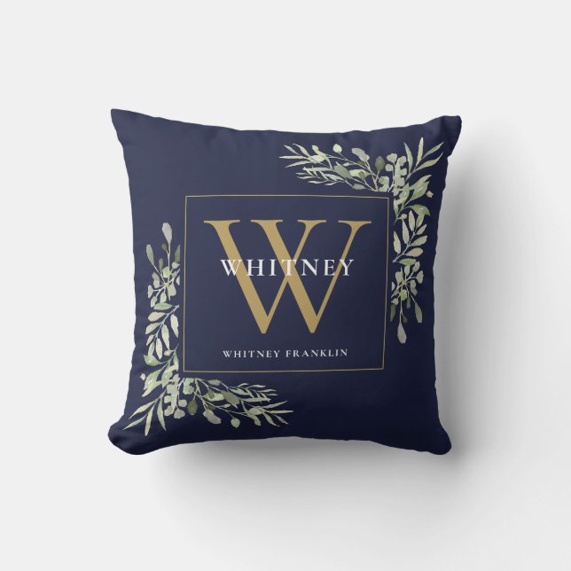 Modern Gold Monogram Greenery Navy Blue Cushion (Front)