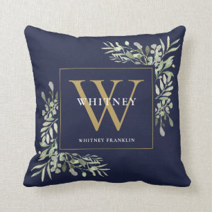 Modern Gold Monogram Greenery Navy Blue Cushion