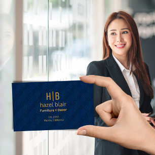 Modern Gold Monogram Logo Blue Squares Pattern Business Card