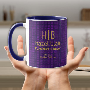 Modern Gold Monogram Logo Purple Squares Pattern Mug