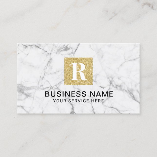 Modern Gold Monogram Logo Trendy White Marble Business Card (Front)