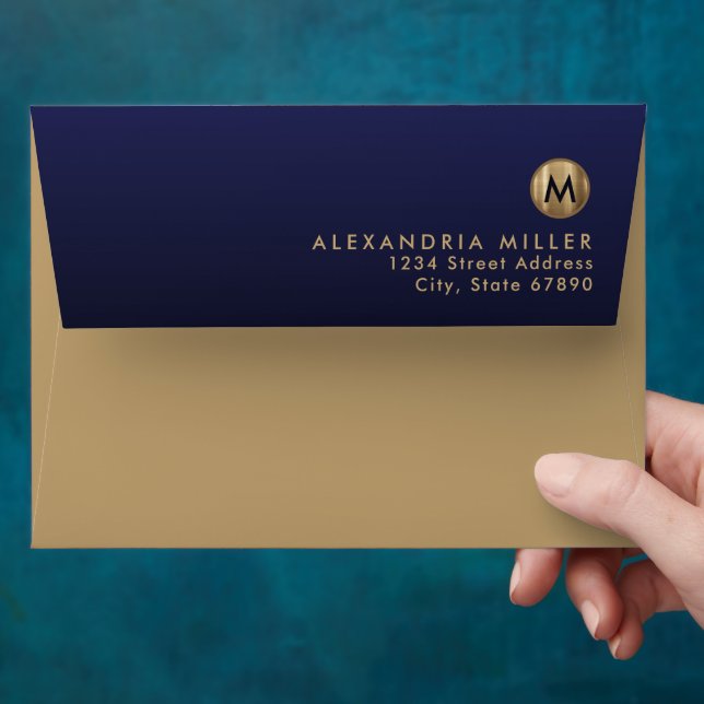 Modern Gold Monogram Navy Blue Return Address Envelope (Hand)