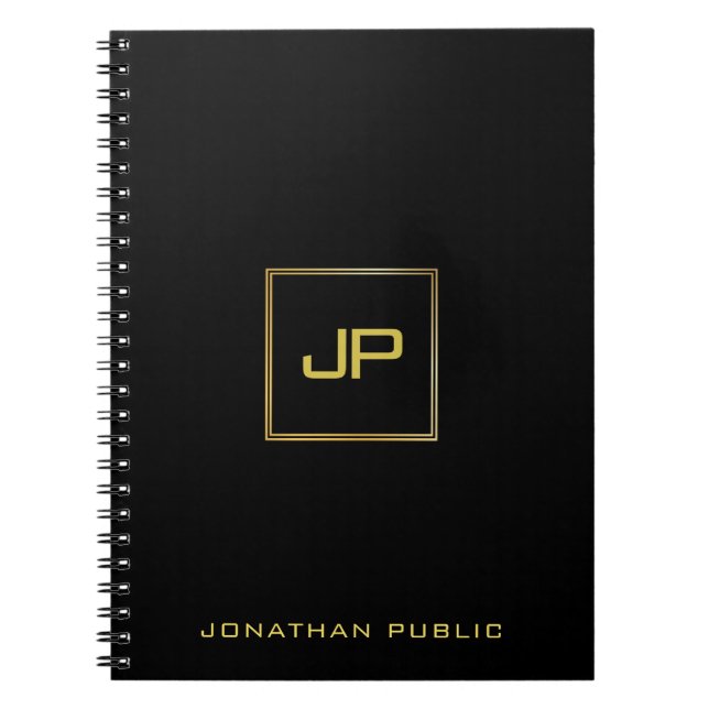 Modern Gold Monogrammed Black Template Elegant Notebook (Front)