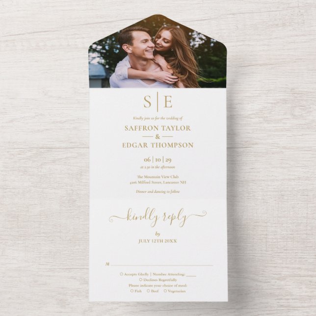 Modern Gold MonogramPhoto Wedding All In One Invitation (Inside)