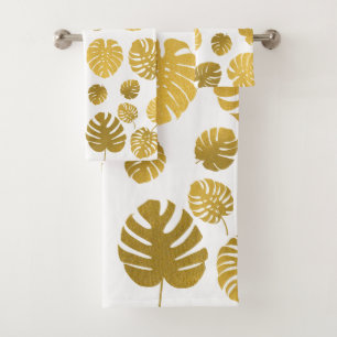 Modern Gold Monstera Tropical Leaves Pattern  Bath Towel Set