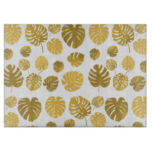 Modern Gold Monstera Tropical Leaves Pattern  Cutting Board