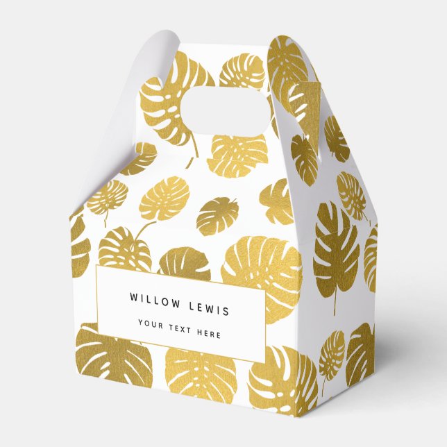 Modern Gold Monstera Tropical Leaves Pattern Favour Box (Front Side)