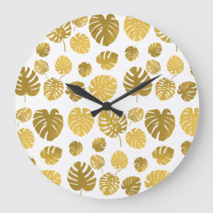 Modern Gold Monstera Tropical Leaves Pattern Large Clock