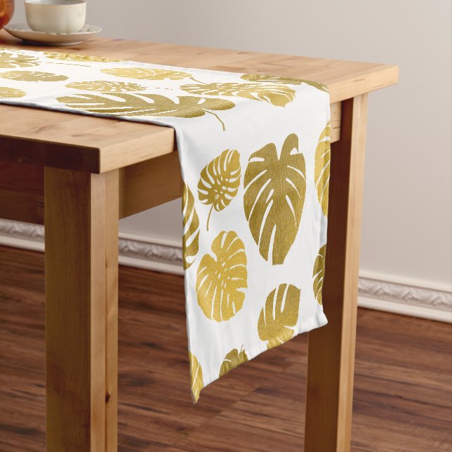 Modern Gold Monstera Tropical Leaves Pattern Short Table Runner (In Situ)