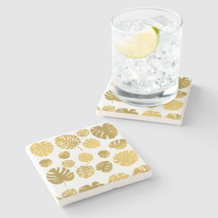 Modern Gold Monstera Tropical Leaves Pattern  Stone Coaster