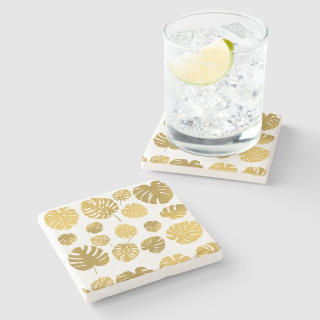 Modern Gold Monstera Tropical Leaves Pattern  Stone Coaster (Side)