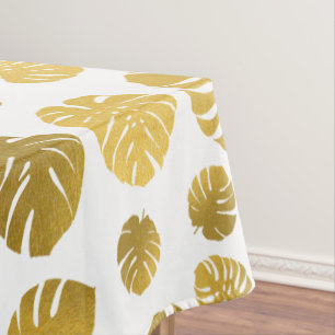 Modern Gold Monstera Tropical Leaves Pattern Tablecloth