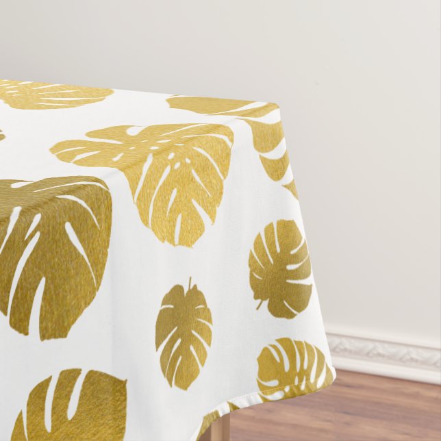 Modern Gold Monstera Tropical Leaves Pattern Tablecloth (In Situ)