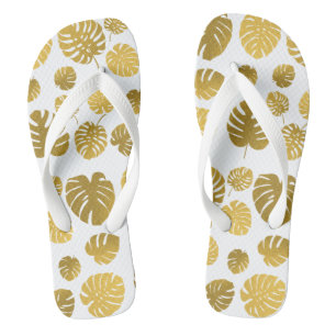 Modern Gold Monstera Tropical Leaves Pattern Thongs
