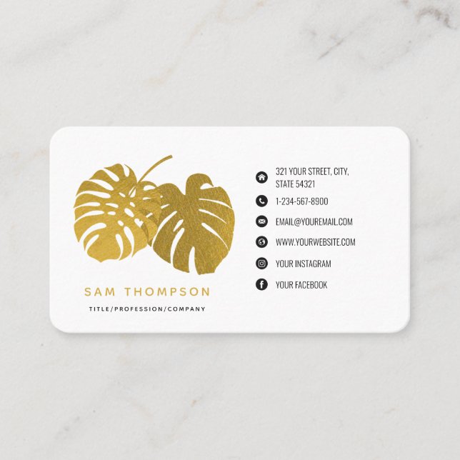 Modern Gold Monstera Tropical Leaves Social Media  Business Card (Front)