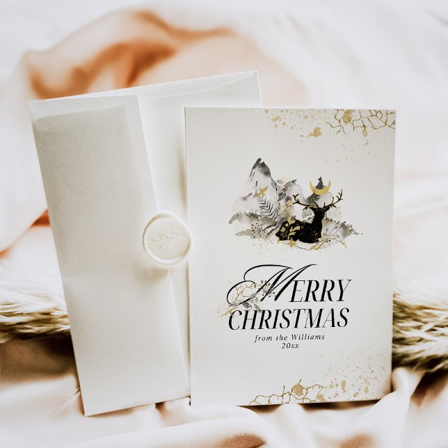 Modern Gold Moon Magic Forest Photo Christmas Holiday Card (Creator Uploaded)
