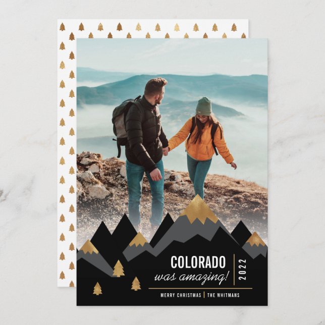 Modern Gold Mountains Trip Photo Christmas Holiday Card (Front/Back)