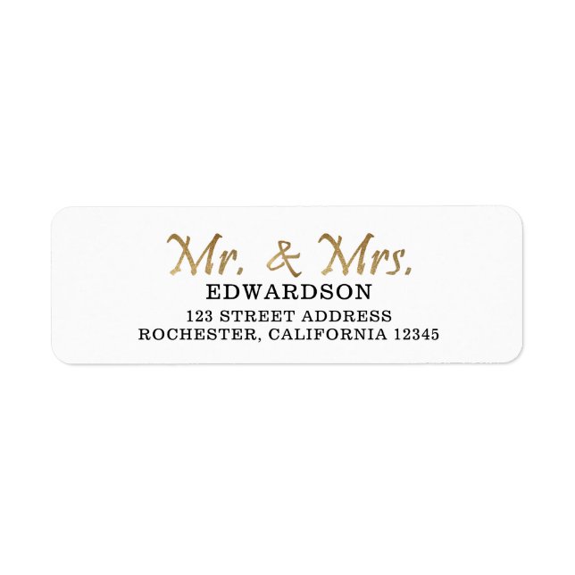 Modern gold Mr. & Mrs. wedding return address Label (Front)