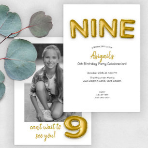 Modern Gold Mylar Balloon 9th Birthday Party Photo Invitation
