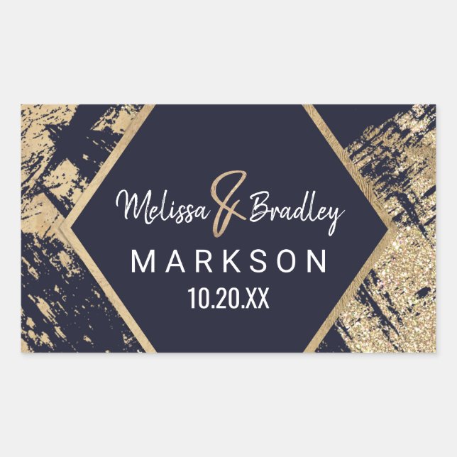 Modern Gold Navy Blue Glitter Brushstrokes Wedding Rectangular Sticker (Front)