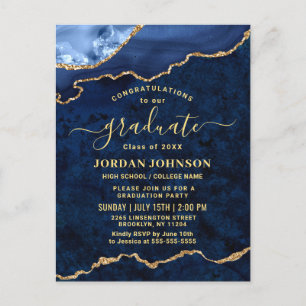 Modern Gold Navy Blue Graduation Party Invitation Postcard