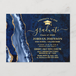 Modern Gold Navy Blue Graduation Party Invitation Postcard