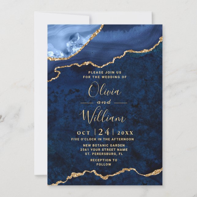 Modern Gold Navy Blue Marble Agate Wedding Invitation (Front)