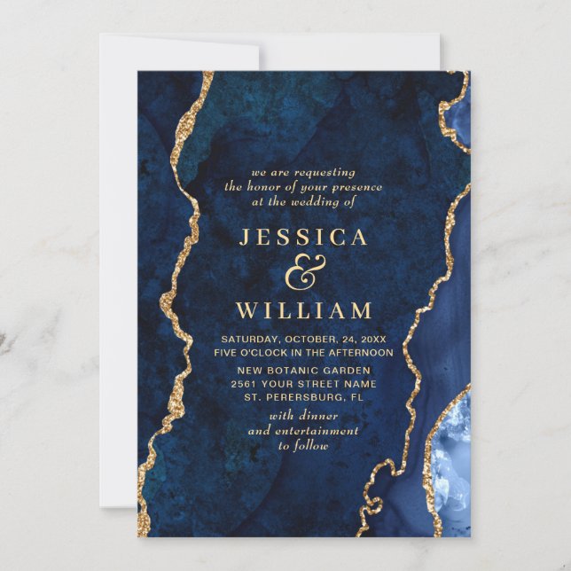 Modern Gold Navy Blue Marble Agate Wedding Invitation (Front)