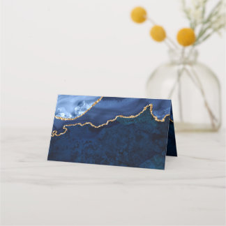 Modern Gold Navy Blue Marble Agate Wedding Table Place Card